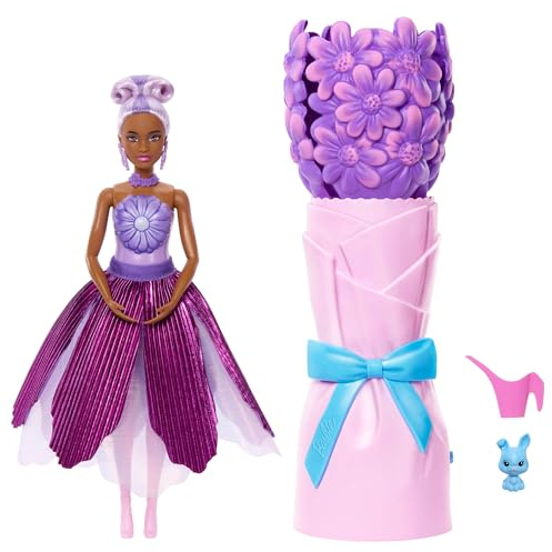 Barbie Petal Pop Scented Doll with Purple Floral Dress & Accessories, Bouquet Reveal with Pet Bunny & Surprises Like Watering Can, Necklace & Earrings​​​​