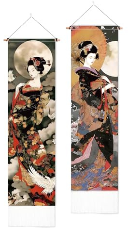 PLIGREAT Arazzo da parete in stile giapponese, stile vintage, geisha, verticale, con nappe, decorativo, estetico, lungo, per camera da letto, soggiorno, decorazione per la casa, 130 x 33 cm