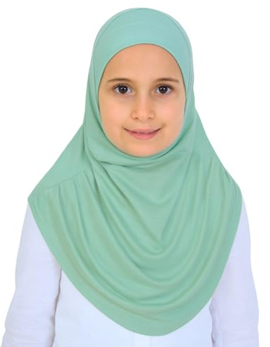 Prien Hijab Pret A Porter Fille – Echarpe Musulmane Douce en Viscose pour Enfant, Foulard Instantane, Vetement Islamique Pour Femme, Couverture de Tete pour Ramadan, Eid et Priere (Vert Clair)