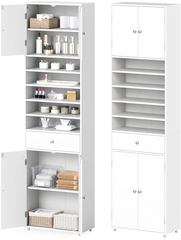 GIANTEX Armario Alto de Baño, Mueble Columna con Cajón, 4 Puertas y 5 Estantes Abiertos, 50x24x180cm, Estantes Ajustables, Kit Antivuelco, Mueble Organizador para Cocina, Salón (Blanco)