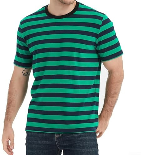 Camiseta casual de verano para hombre, diseño de marinero a rayas, cuello redondo, manga corta, camiseta ligera para deportes y vacaciones (XL verde)