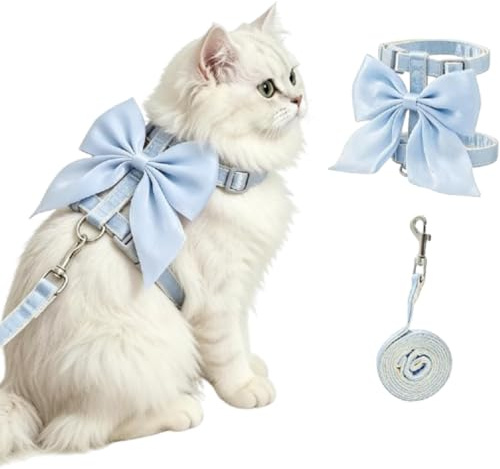 BSLVWG Harnais Chat avec Laisse, Gilet Large nœud Papillon Brillant, Anti-Fuite,décor nœud Soie,Devant Satin Doux, Ajustable,Facile à Enfiler pour promenades et Voyages,Bleu,Moyem