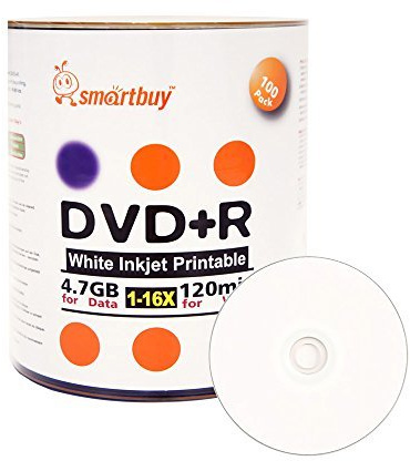 Smart Buy 100 Pack DVD+R 4.7gb 16x White Printable Inkjet Blank Media Record Disc, 100 Disc 100pk