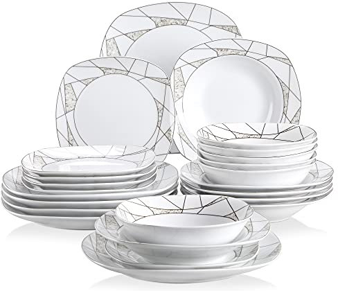 VEWEET 'Serena' 24-Piece Dinner Set Ivory White Irregular Patterns Dinner Set Porcelain Tableware Set with Bowls Dessert Plates Soup Plates Dinner Plates Service for 6
