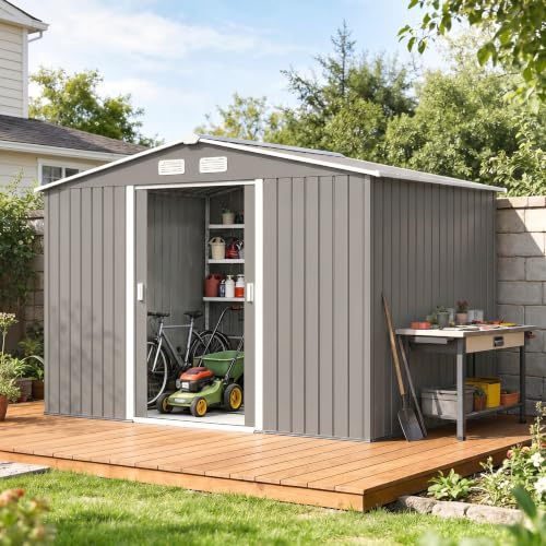 Outsunny Caseta de Jardín Exterior 4,9 m² 277x195x192 cm Gris | Cobertizo de Jardín Exterior Metálico, Puerta Corredera, Ventilación, Kit de Fundación, Almacenamiento de Herramientas
