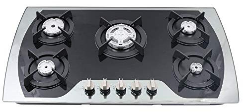 Romyix 35.4 Gas Hob Cooktop - 5 Burner Built-in Stove, Tempered Glass, NG/LPG, Black