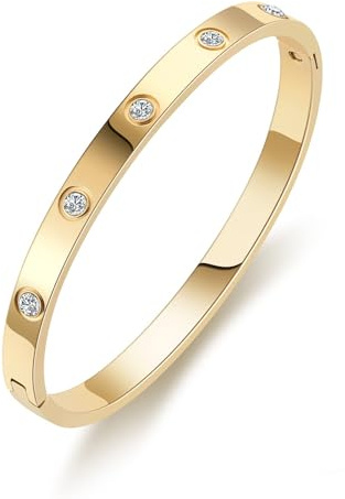 RUIQUAN 18K Gold Plated Love Friendship Bracelet Crystal Bangle Cuff Best Gifts for Mother's Day Valentine's Day Wedding Couples and Birthdays