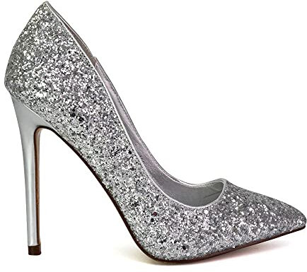 Womens Glitter Stiletto Heel Pointed Toe Ladies Sparkly Party Court Shoes Size 3-8