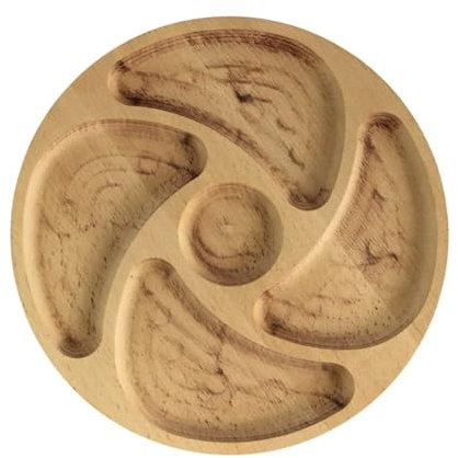 4BIG.fun Plateau de service en bois naturel de 28 cm de diamètre avec 5 compartiments, assiette de service, entrées, fromage et collations, plateau en bois pour viande et fromage, plateau à fromage