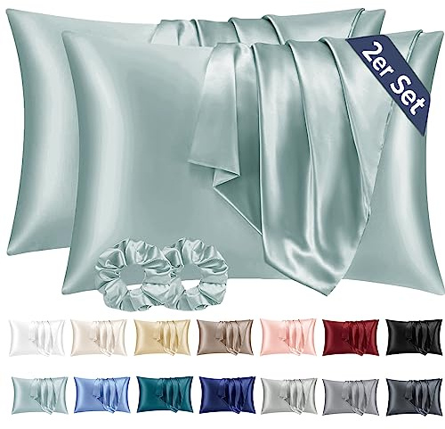 Vielit 2er Set Satin Kissenbezug 40 x 80 Grün, Weich wie Seidenkissenbezug 40x80,Bessere Pflege als Silk Pillosecase,Satin Kopfkissenbezug Kissenhülle für Haar und Haut mit 2 Haargummis