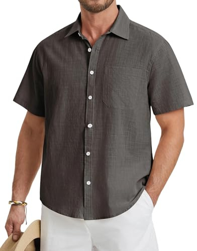 HISDERN Camisa Hombre Manga Corta de Lino Gris Camisa de Verano Hombre Color Sólido Shirts Casual Algodón Elegante Camisas con Botónes Regular Fit XL