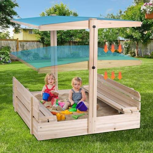 Sandbox with Lid and Cover, Wooden Cabana Sand Box with Canopy for Kids Ages 4-8, Retractable & Rotatable Roof, UV-Resistant Sandbox w/2 Foldable Bench Seats for Backyard, Patio, Outdoor Play