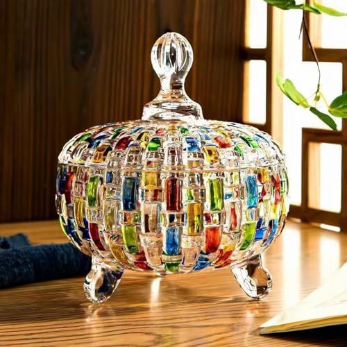Puremagics Elegant-Hand Painted Colorful Woven Glass Crystal Candy Box with Lid Food Jewelry Box Storage Jar Great Gift for Family Friends-24 oz