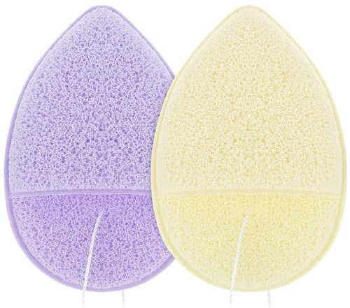 2 PCS Facial Sponge Glove Bath Sponge Gentle Exfoliating Pads Wash Reusable Puff for Daily Face Deep Pore Cleansing Blackheads Dead Skin Makeup Remover(Purple+Beige)