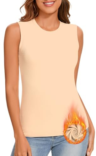 WOWENY Maillot de corps thermique pour femme - Haut sans manches - Débardeur chaud - En polaire - Col rond - T-shirt thermique - Confortable - Doux - Couche de base - Hiver, beige#a, L