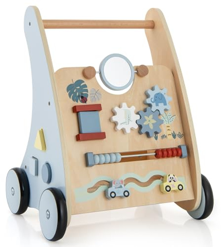 COSTWAY Chariot de Marche Bébé en Bois avec Panneau de Jeu, Marcheur D'Apprentissage Bébé avec Poignée Lisse & 4 Roues Antidérapantes, Espace de Stockage, Trotteur Bébé de 3 Ans+