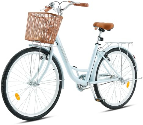 Viribus 24 Inch Vintage Ladies Bike with Basket, Dutch Style City Bicycle with Carbon Steel Frame, Dual V Brakes, Single Speed Women's Comfort Bike with Adjustable Seat and Handlebars, Mint