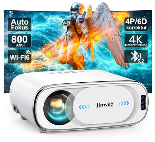 Beamer 4K KI Auto-Fokus Auto-Objektivdeckel Auto-6D Trapezkorrektur Smart Beamer WiFi6 Bluetooth Jimveo 26000L 1080P Full HD Tragbare Projector 50% Zoom,300 Display Am Abend Outdoor Beamer Heimkino
