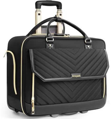Arcoyard Rolling Laptop Bag Women, Rolling Briefcase for Women for Work, 17 Inch Computer Bag with Wheels, Fashion Flap Laptop Bag With Wheels for Work Business, TSA Friendly Design, Black