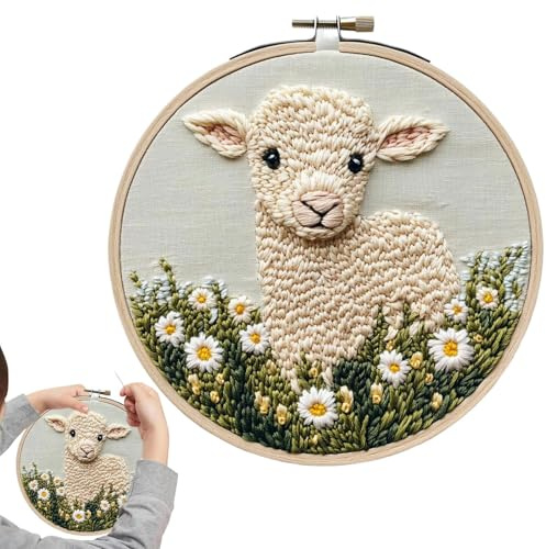 Kit de broderie au poinçon – Kit d'aiguilles fait main, kit de broderie au fil de laine | Kit de broderie au poinçon, motif mouton, kit de création textile, cadeau de couture décorative, projet créati