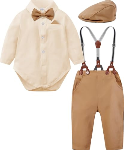 mintgreen Bambino Ragazzo Vestito Gentleman Abbigliamento Da Sposa Formale Camicia Set Bretelle Papillon con Cappello, 0-18 Mesi, cachi, 6-12 Monate