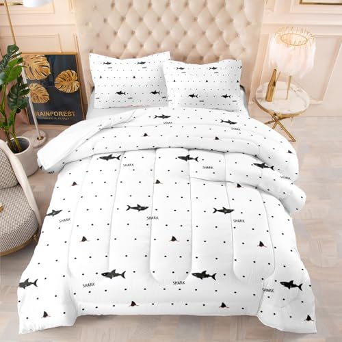 Edredon Cama 150 Tiburón Negro Relleno Nordico Cama 150 Cálido y Cómodo con 2 Fundas de Almohada Relleno Nordico 4 Estaciones Transpirable Edredón Invierno Cama 150 (203x228 cm)
