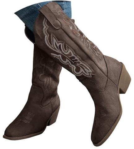Xbemkste cowboy stövlar dam ankelstövlar med klack vintage broderi västerländska stövlar eleganta medelhöga stövlar damer halvstövlar bekväma slip-stövlar övergångsstövlar