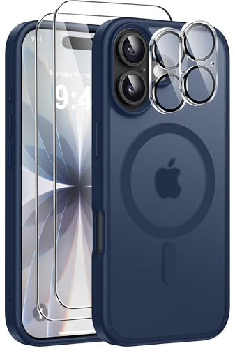 ivencase 5 in 1 Magnétique Coque pour iPhone 17 avec 2 Verres Trempés et 2 Caméra Protecteur, Compatible MagSafe Dos Anti Rayures Coque Antichoc TPU Bumper Coque pour iPhone 17 6,3 -Bleu Foncé