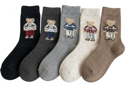Calcetines de Osito de Peluche para Mujer, 5 Pares, Calcetines Kawaii cálidos y Suaves de Tubo Medio para Oso de Invierno, Peluche, Mujer, cálido, Kawaii, Invierno