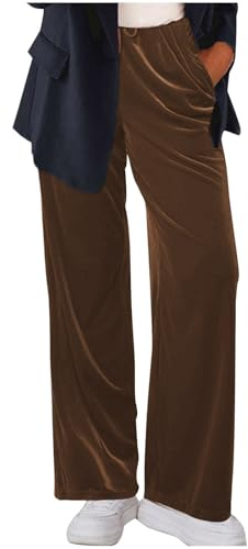 Women's Velvet Trousers Soft Velour Sweatpants for Women Solid Color Casual Sports Trousers with Pockets AMD Drawstring Long Straight Wide Leg Leisure Tracksuit Bottoms Idea for Weekend Walk Brown
