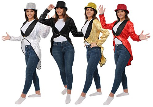 LADIES GOLD SEQUIN TAILCOAT + GOLD SEQUIN TOP HAT FANCY DRESS ACCESSORY SET DANCE SHOWS MUSICALS OUTFIT CABARET UNISEX TAIL COAT (UK 8-10)