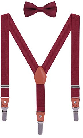 WANYING Bambine Bambini Bretelle e Papillon Set, 3 Forti Lunghe Clip Y Forma Bretelle Elastiche per statura 95-130cm - Bordeaux