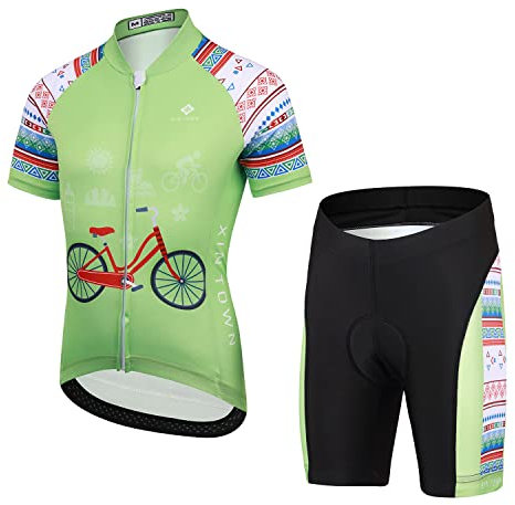 LSHEL Kinder Radtrikot Set, Jungen Radbekleidung Anzüge, Quick Dry Mädchen Radsportanzug, Fahrradtrikot Kurzarm und Radhose mit 3D Sitzpolster für Radfahren MTB, Hellgrün, L