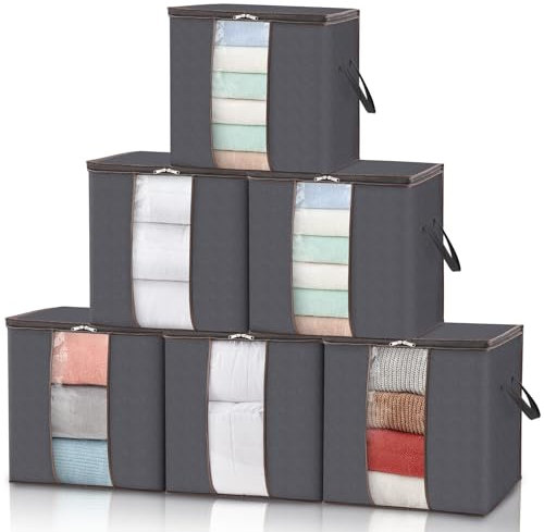 Lifewit 6 Stück Groß Aufbewahrungsbox mit Deckel, 90L Aufbewahrungstasche für Bettdecken Kleidung Aufbewahrung Schrank Kleiderschrank Organizer, faltbare Umzugskartons für Decken Kleider, Grau