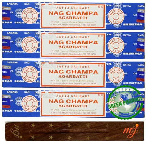 Satya Nag Champa - Bastoncini di incenso originali Agarbatti, con porta bastoncini di incenso M&J, confezione da 4, per aromaterapia, spa, yoga, matrimoni, meditazione, guarigione, positività e relax