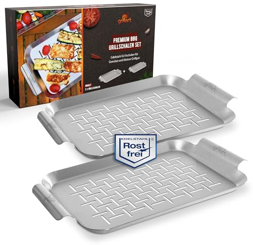 grillart® Lot de 2 bols de barbecue en acier inoxydable de qualité supérieure - Panier à poisson et plateau de barbecue pour brochettes - Utilisation universelle et particulièrement durable -