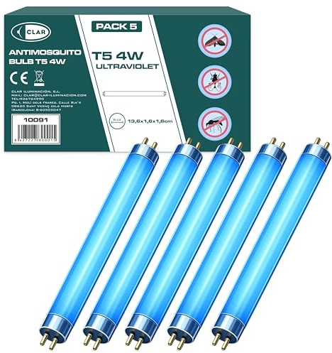 CLAR - Neon Per Zanzariera Elettrica, Lampada UV T5, Neon UV, Lampadine Antizanzare, Lampada Attinica, Lampadina Antizanzare, Lampadina Anti Insetti Per Esterno, 13,6 x 1,6 cm (4 Watts T5, Pack 5)