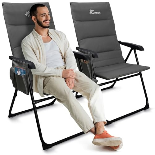 SUNMER Padded High Back Camping Recliner Chair Set of 2-5 Position Reclining Folding Garden Chair - Lightweight & Heavy Duty - Luxury Camping Chairs for Adults, Fishing & Deck - Grey
