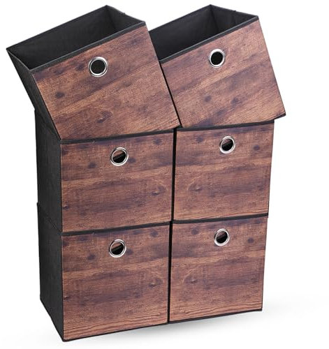 OVAKIA 6 er-Pack Aufbewahrungswürfel aus Stoff, ohne Deckel Zusammenklappbarer 30 x 30 x 30 cm Schrank Aufbewahrungsbox mit Griffen Organizer für Würfelregal Regal Einsatz (Holzdruck Schwarz)