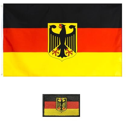 SLEEKEE 1 Drapeau Aigle Allemand avec Œillets en Métal, 1 Patch en Tissu, Drapeau en Polyester avec Bords Cousus, Adapté pour les Fêtes, Activités de Plein Air (90x150cm), Noir, Blanc, Rouge