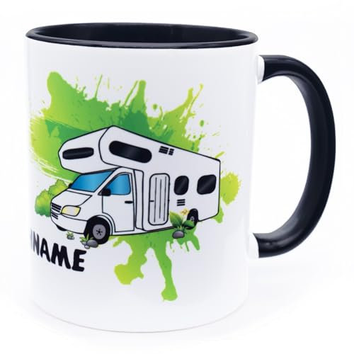 Camping Tasse mit Name personalisiert Wohnmobil Becher Kaffeetasse Kaffeebecher Zubehör Campingtasse für Camper Wohnmobilfans Campingfreunde Ausstattung Campen Geschenk Wohnwagen Deko Keramik 330 ml