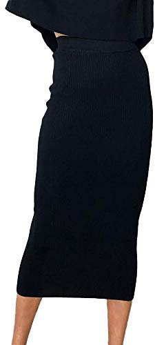 Pennkjol svart stretch – kjol dam elegant vinter – maxikjol lång tajt smal halvkjol med hög midja bodycon partykjol lös damkjol solid stickad midikjol midi kjol elegant fritidskjol, svart, XL