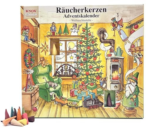Knox Adventskalender – 24 Räucherkerzen in verschiedenen Weihnachtsdüften – Traditioneller Weihnachtskalender mit Weihrauch-Räucherkegeln – Räucherkegel geiegnet für Räuchermännchen