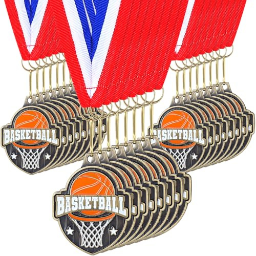 Tondiamo 24/48 Pcs Award Medals Bulk Sports Medals with Neck Ribbons 2 Inches Winner Award Prize Gift for Sports Themed Party Favors Team Tournaments Competitions Match(24 Pcs,Basketball Style 1)