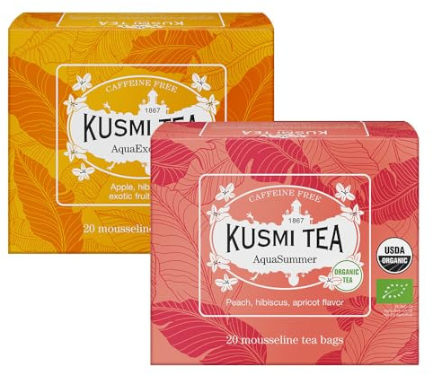 Kusmi Tea - AquaExotica & AquaSummer - Lot de 2 boîtes - Infusions Bio sans Théine Fruitées et Gourmandes - À Déguster Chaud ou en Thé Glacé - 2x20 Sachets de Thé
