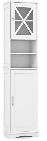 LIFEZEAL Armario Alto de Baño Blanco, 40x30x170,5 cm | Mueble Columna de Suelo con 2 Puertas y 5 Estantes Ajustables, Ahorrador de Espacio Multiusos Independiente