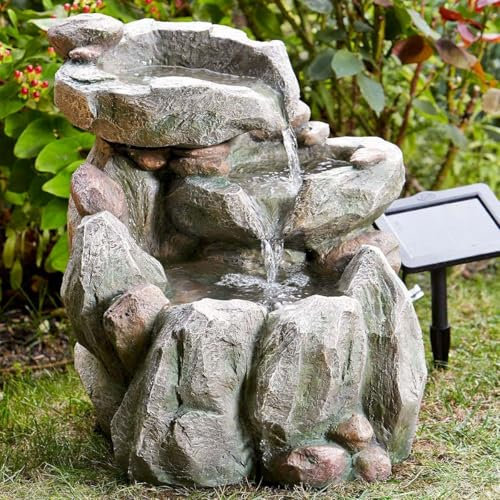 Festive Lights Fontaine de jardin à énergie solaire en polyrésine résistante aux intempéries avec ruisseaux en cascade - Fontaine de jardin à effet pierre grise - Pompe de recirculation IP44