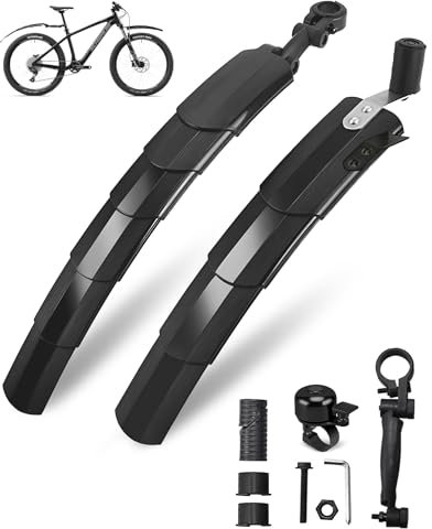 Parafango Bicicletta MTB con Campanello per Bicicletta, Universale Scalabile Regolabile Parafanghi Mountain Bike Mudguard Set Posteriore Anteriore Biciclette per MTB Bicicletta 24-29 Pollici Ruote