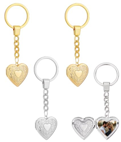 PLIGREAT 4 porte Clés Médaillon Photo Porte Clés Vintage en Forme de Cœur avec Fleur Sculptée Argent et Or Médaillons Photo Porte Clés Pouvant Contenir des Photos Pendentifs pour Femmes Bricolage