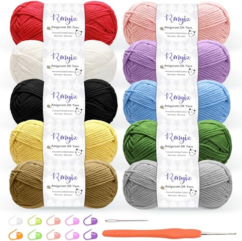 Crochet Yarn, 10 x 50g Cotton Yarn (60% Cotton & 40% Acrylic) DK Wool for Crochet with 2.5mm Hook & Accessories, Suitable for Baby Wool Crafts & Knitting